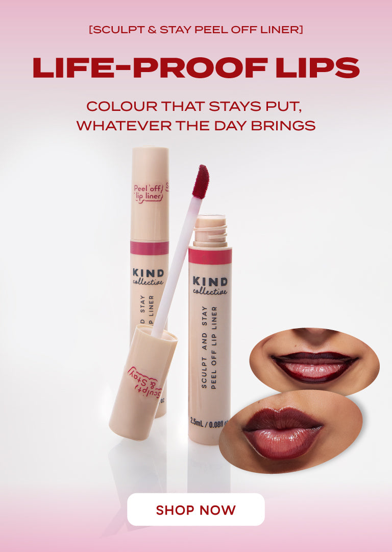 KIND Collective Sculpt & Stay Peel Off Lip Liner products shown with two lip result close-ups on a pink gradient background. The ad includes product tubes and applicator, marketing text, and a 'SHOP NOW' button.
